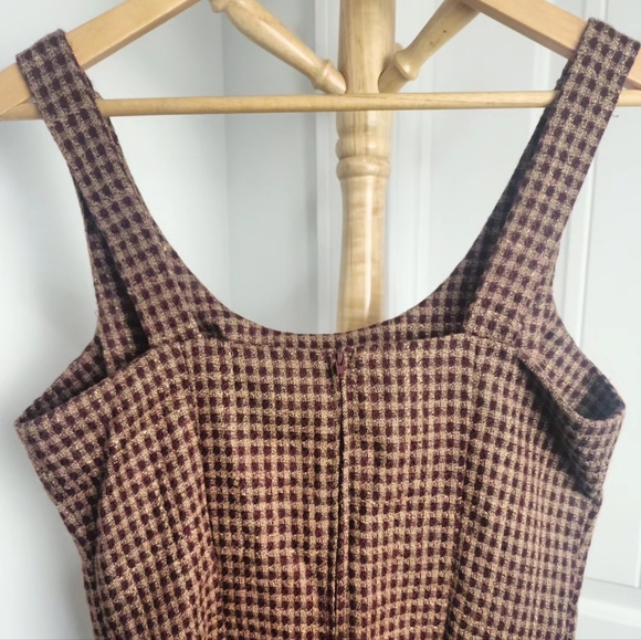 Vintage 90s Y2K Jumper Overall Dress Tweed Plaid Wiggle Mini Midi Brown Size 8* - Picture 3 of 10